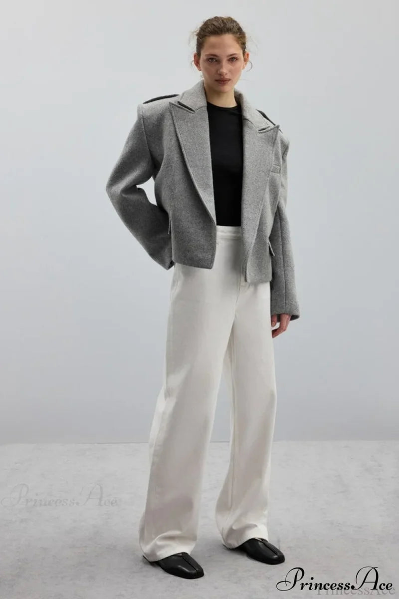 Oversized Notch Lapel Epaulette Woolen Blazer