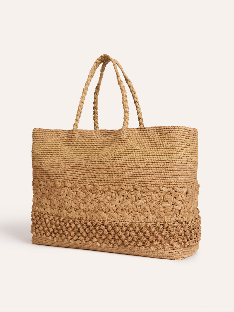 BIG SQUARE large natural raffia basket bag, front view by Rouje
