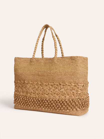 BIG SQUARE large natural raffia basket bag, front view by Rouje