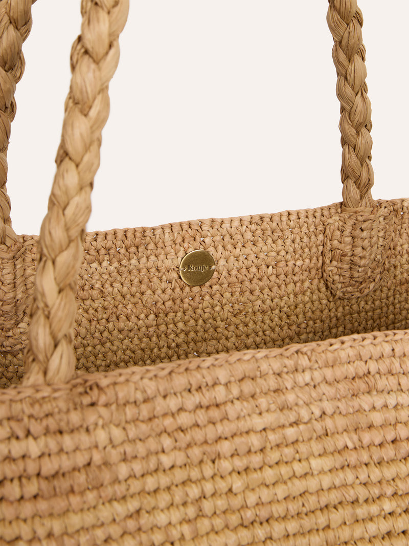 BIG SQUARE natural raffia basket bag, detail of braided design by Rouje