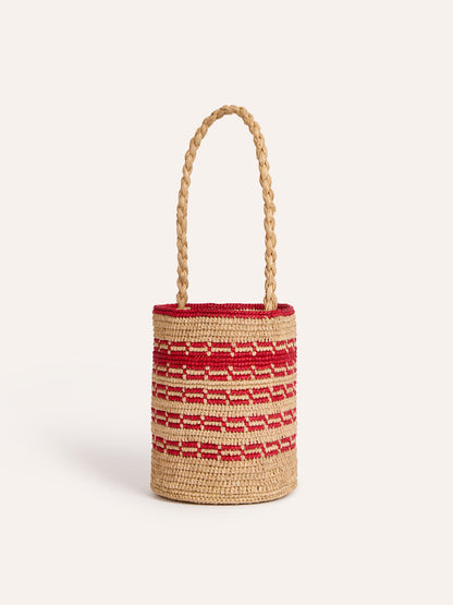 MARTINO beige raffia bucket basket bag, side view by Rouje