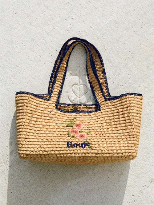 PLAGETTE embroidered raffia basket bag in beige, front view by Rouje
