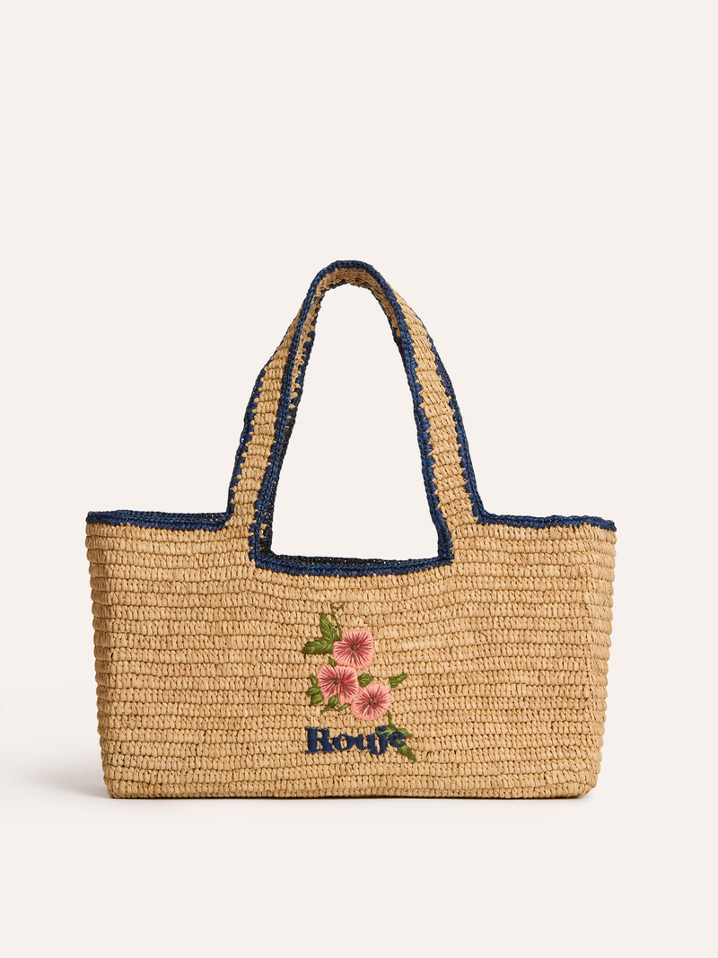PLAGETTE beige embroidered raffia basket bag, side view by Rouje