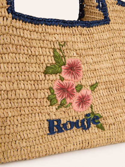 PLAGETTE beige raffia basket bag, lifestyle setting by Rouje