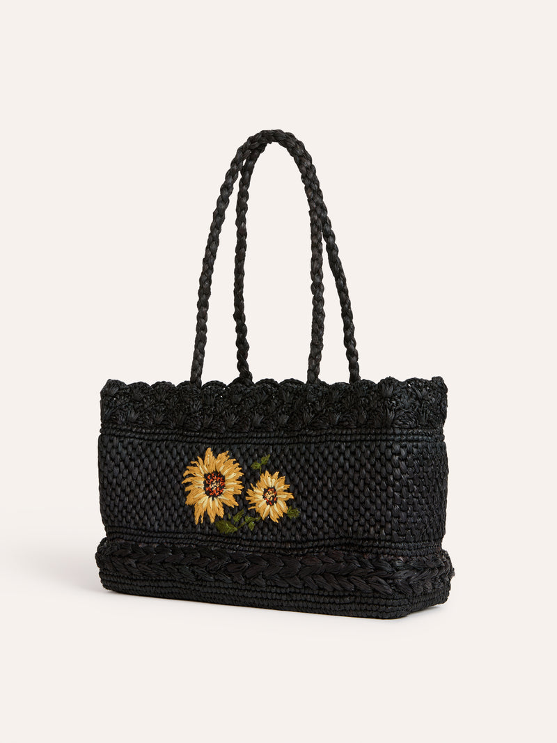 SQUARE black raffia basket bag with sunflower embroidery, front view by Rouje