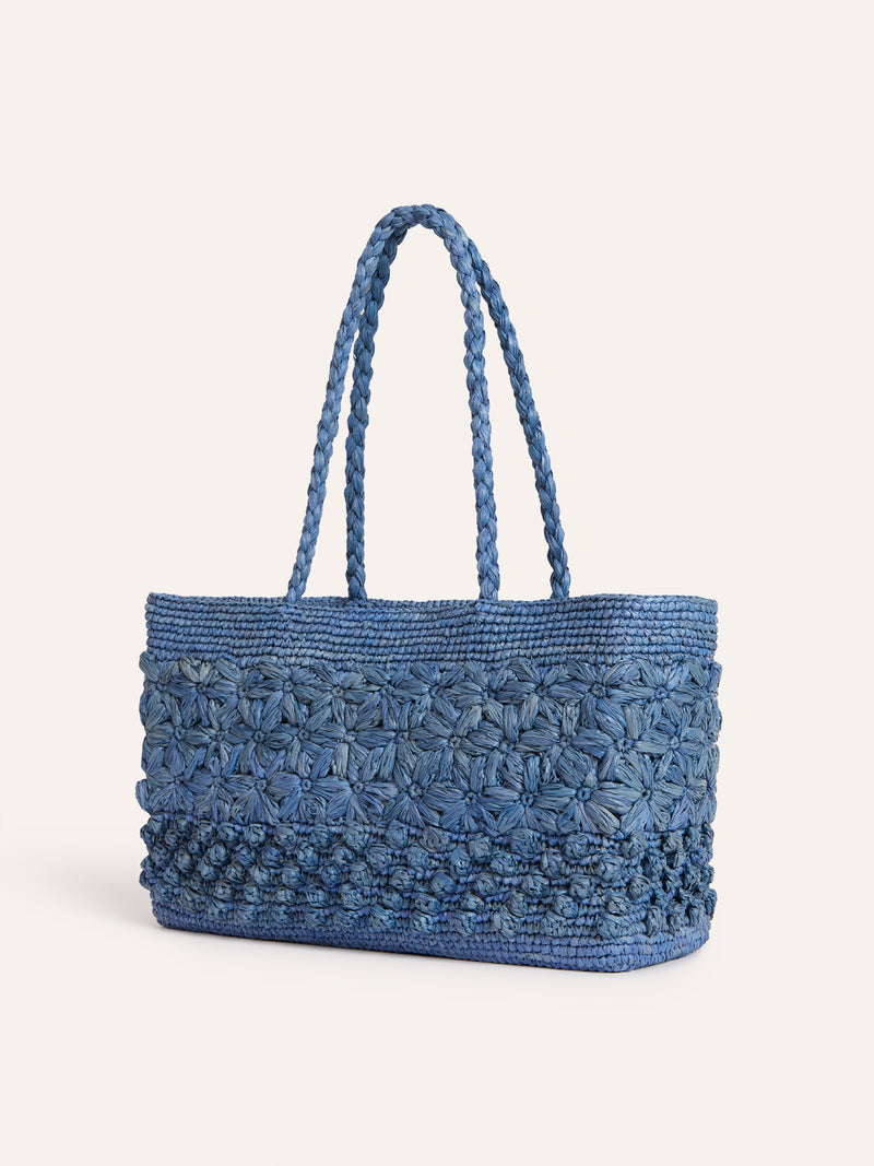 SQUARE denim blue raffia basket bag, front view by Rouje