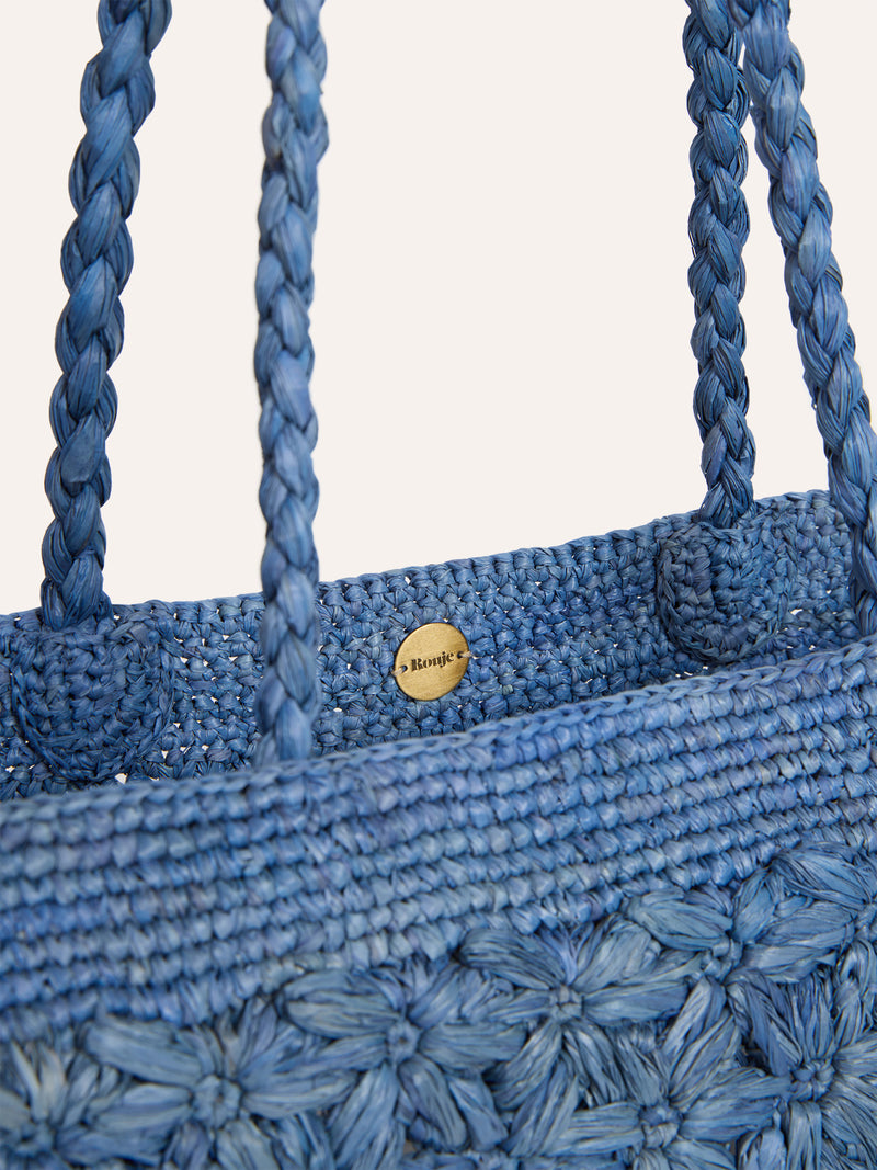 SQUARE denim blue raffia basket bag, back view by Rouje