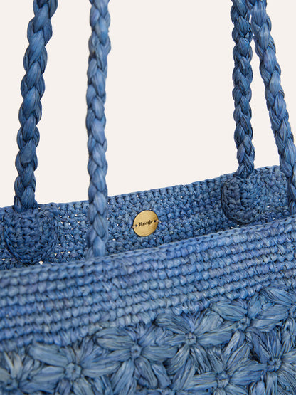 SQUARE denim blue raffia basket bag, back view by Rouje