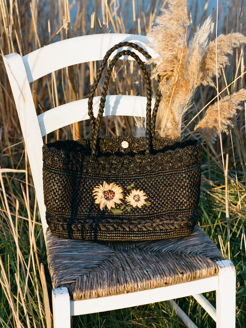 SQUARE black raffia basket bag, side view by Rouje