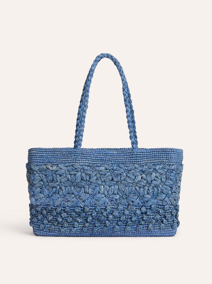 SQUARE denim blue raffia basket bag, side view by Rouje