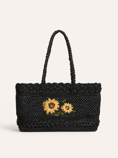 SQUARE black raffia basket bag, detail of sunflower embroidery by Rouje