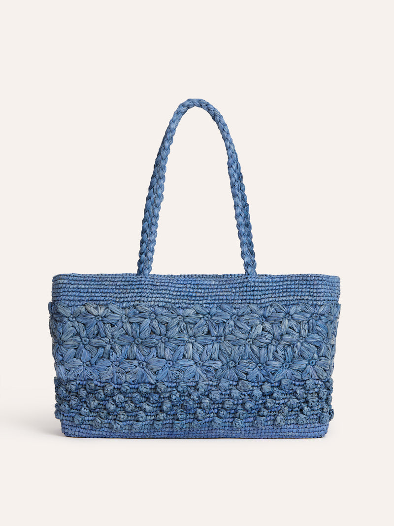 SQUARE denim blue raffia basket bag, side view by Rouje