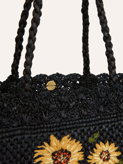 SQUARE black raffia basket bag, interior view by Rouje