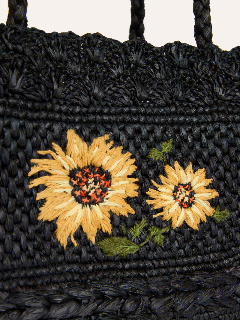SQUARE black raffia basket bag, lifestyle setting by Rouje