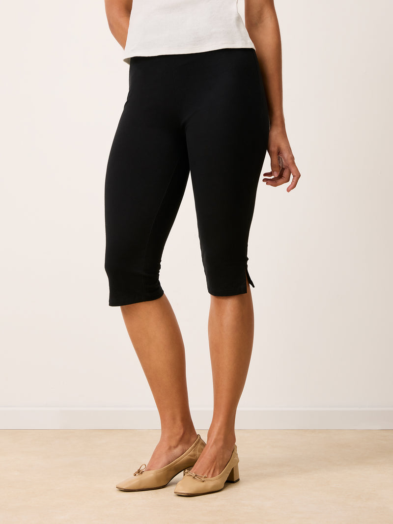 DONA black stretch jersey capri pants, front view by Rouje