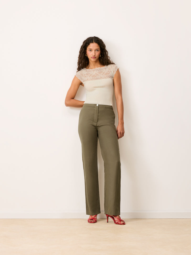 EDMOND khaki TENCEL and linen flowy pants, front view by Rouje