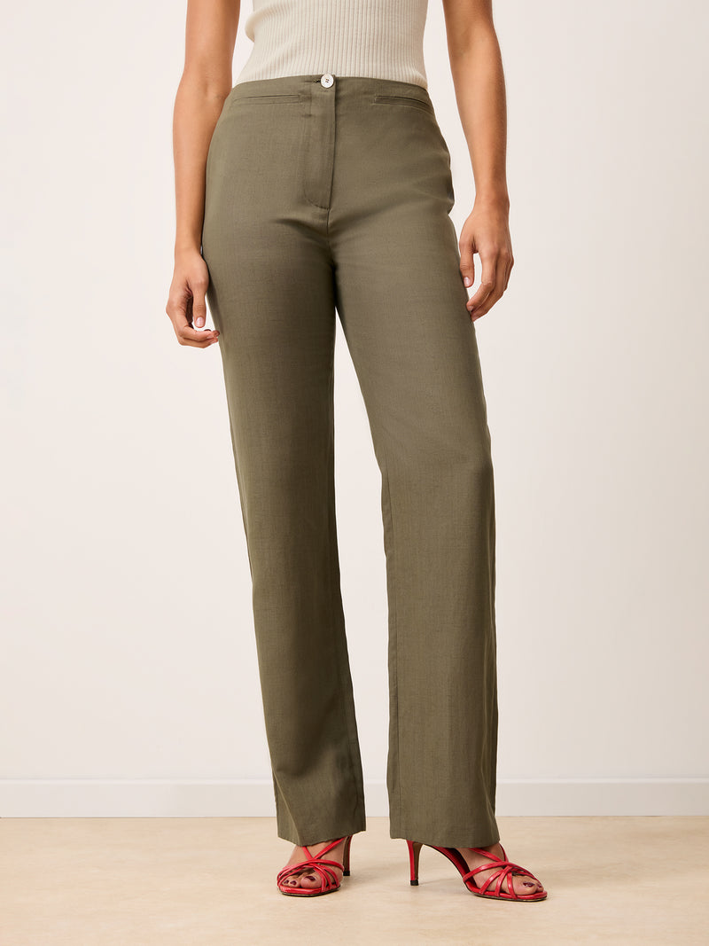 EDMOND khaki flowy pants worn on a model by Rouje