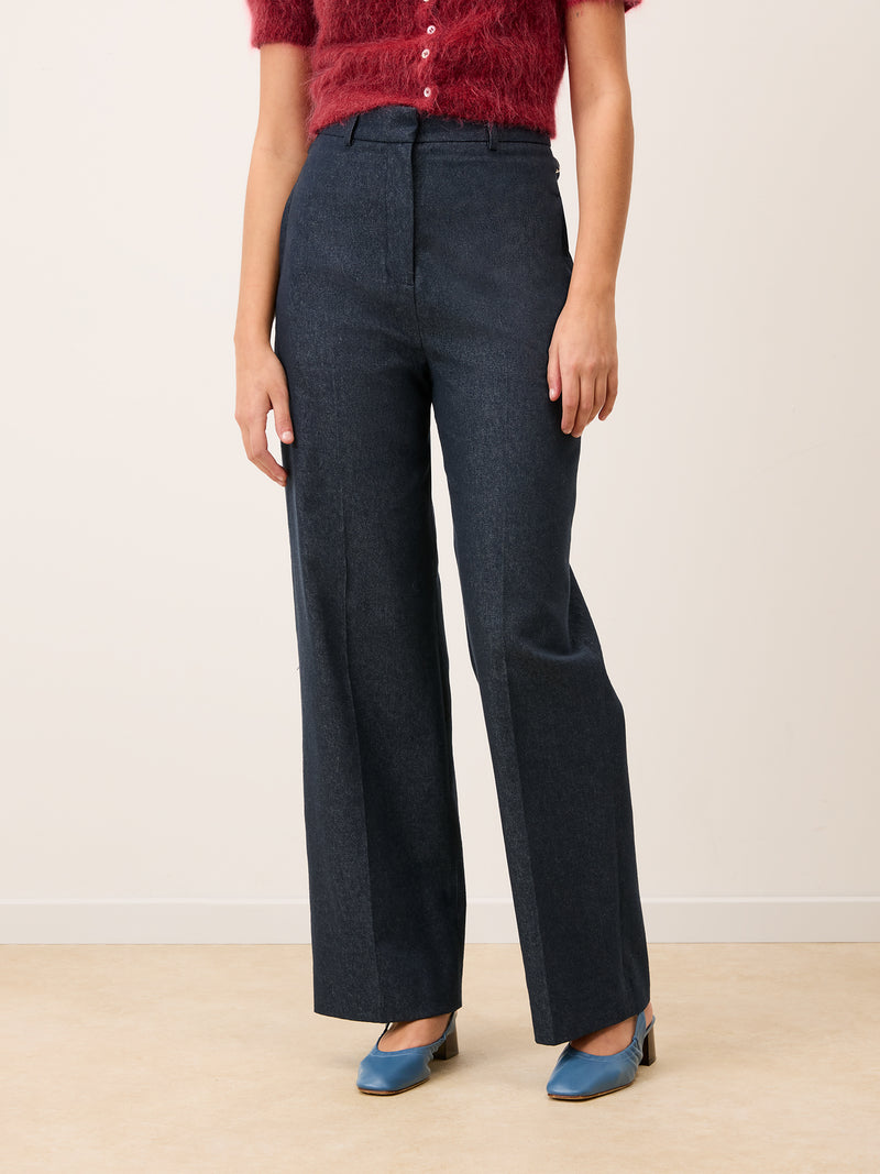 EUGENE denim wide-leg trousers worn on a model by Rouje