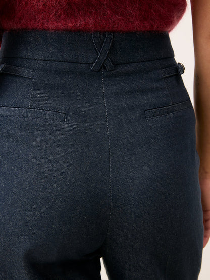 EUGENE denim high-waisted wide-leg trousers, lifestyle setting by Rouje