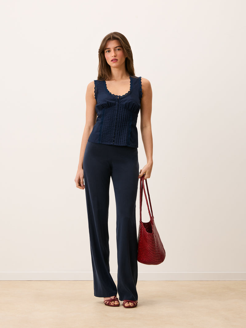 GLENDA navy blue flowing pants, front view by Rouje
