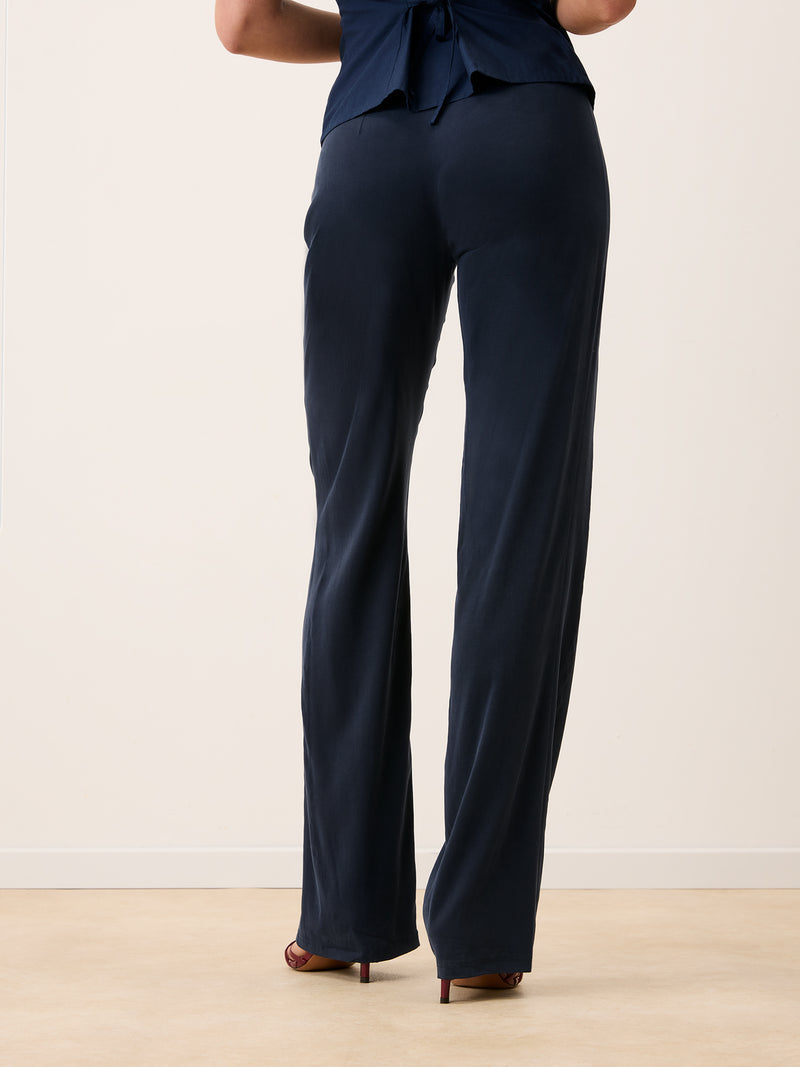GLENDA navy blue flowing pants, side view by Rouje