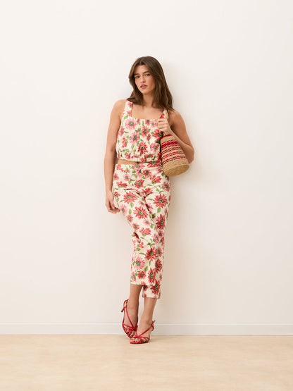 GONTRAN ecru floral print stretch cotton cropped pants, side view by Rouje