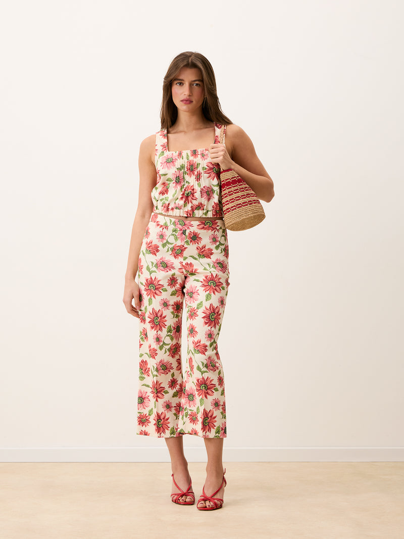 GONTRAN ecru Sunflower floral print wide-leg cropped pants, lifestyle setting by Rouje