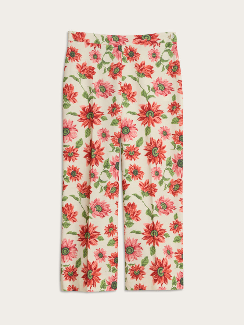 GONTRAN ecru Sunflower floral print stretch cotton cropped pants, flat packshot by Rouje
