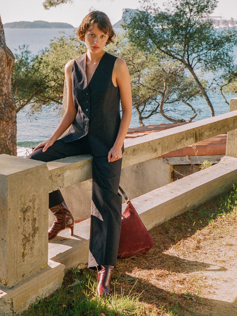 PATRICIO black striped straight cotton pants, flat packshot by Rouje
