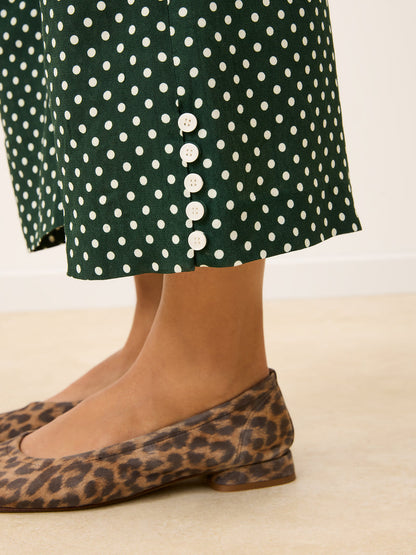 SUZON green polka-dot 7/8-length pants, side view by Rouje