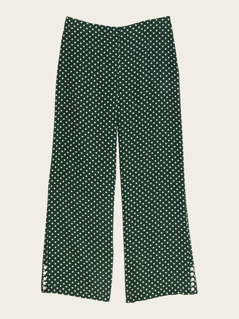 SUZON green polka-dot 7/8-length pants, lifestyle setting by Rouje
