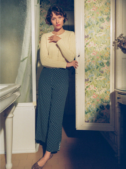 SUZON green polka-dot 7/8-length high-waisted pants, flat packshot by Rouje