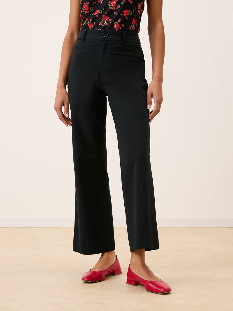 SWAN black high-waisted cotton flare pants, back view by Rouje