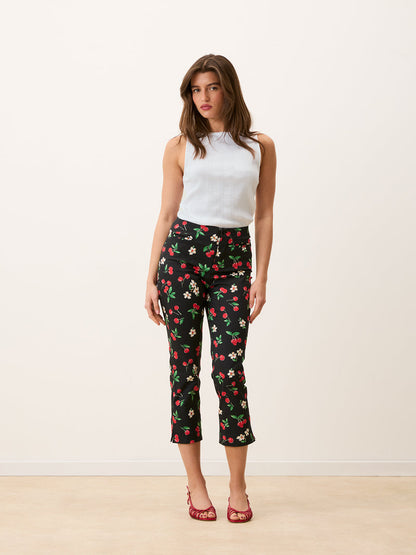 ZITA black Cherry baby print cotton capri pants, front view by Rouje