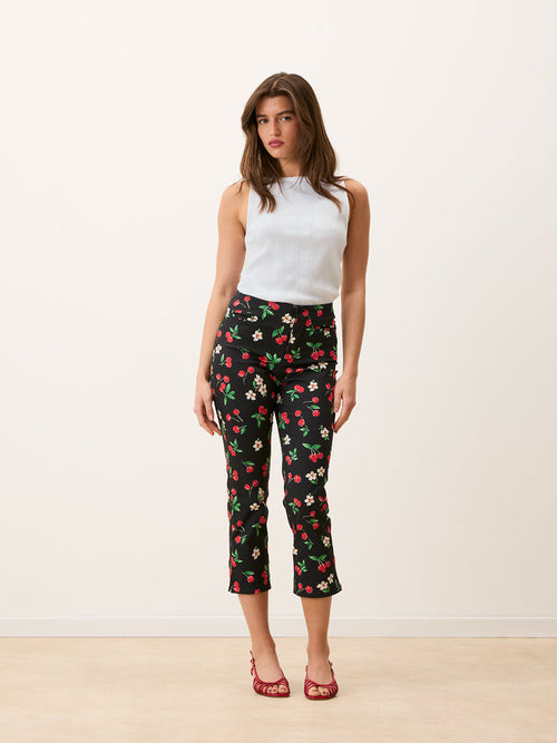 ZITA black Cherry baby print cotton capri pants, front view by Rouje