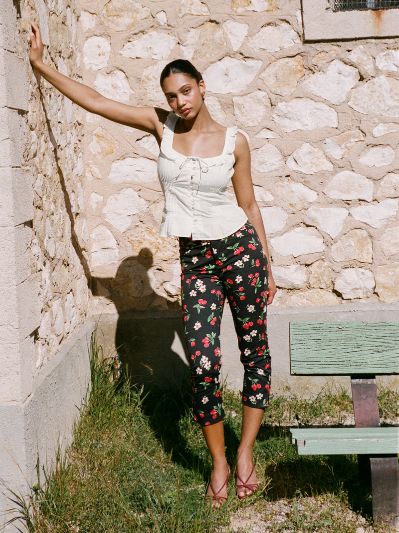 ZITA black Cherry baby print capri pants by Rouje, lifestyle setting