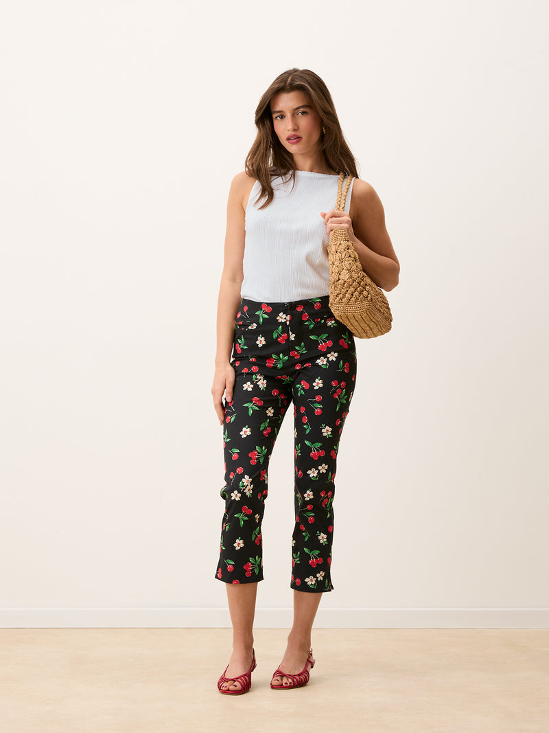 ZITA black Cherry baby print capri pants worn on a model, full-length view by Rouje