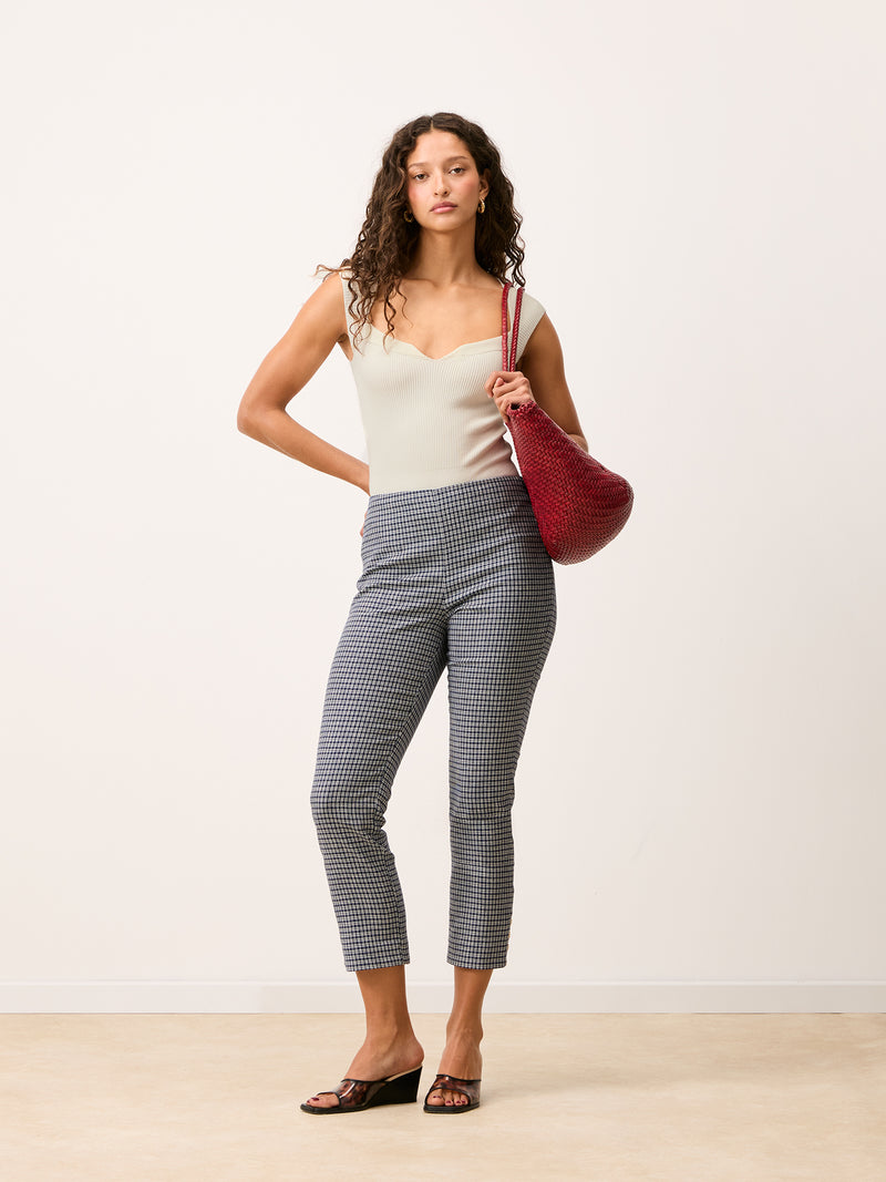 ZOLA navy blue checkers 7/8-length pants, front view by Rouje