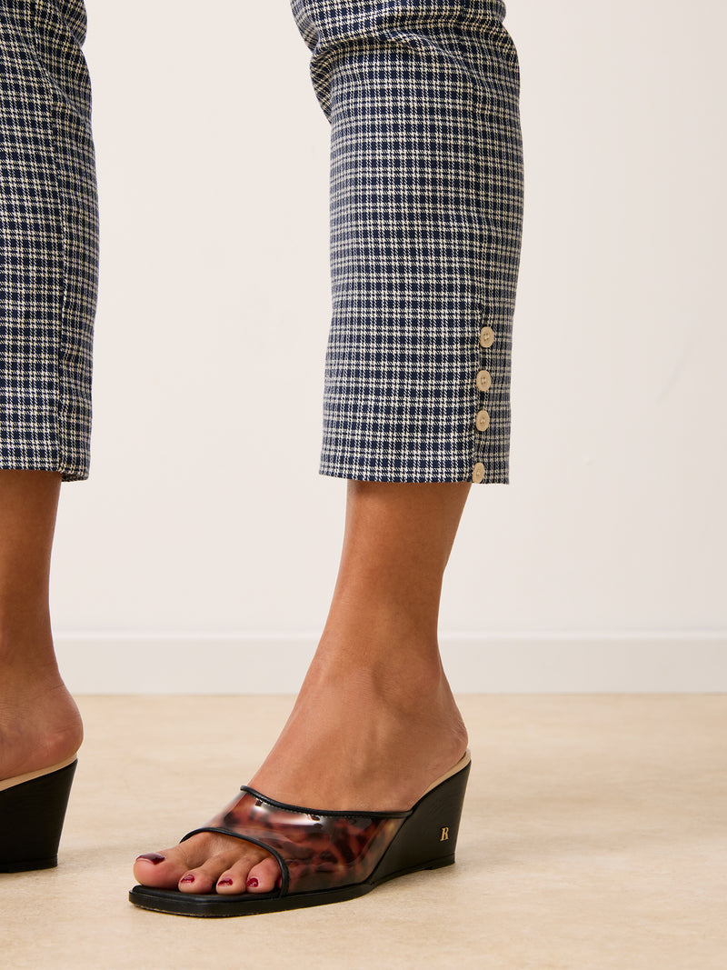 ZOLA navy blue checkers 7/8-length pants, detail of ankle buttons by Rouje