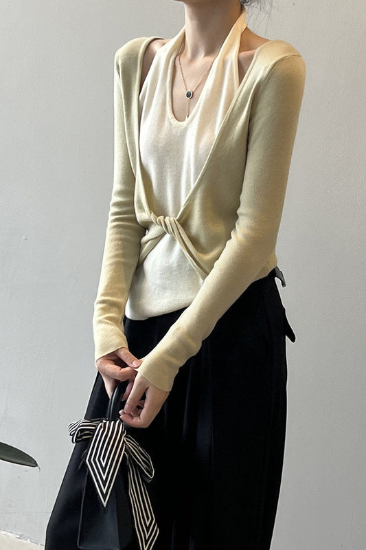 Patchwork Layered Halter Long Sleeve Tee
