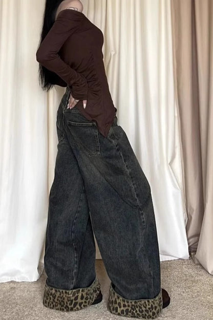 Patchwork Vintage Leopard Cuffed Wide Leg Jeans