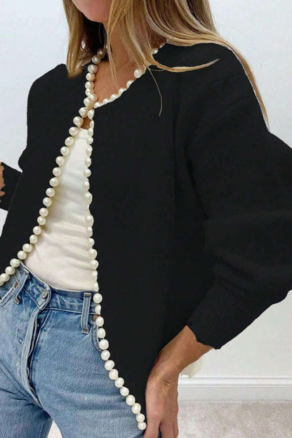 Pearl-Trimmed Crew-Neck Heavy-Detail Knit Cardigan