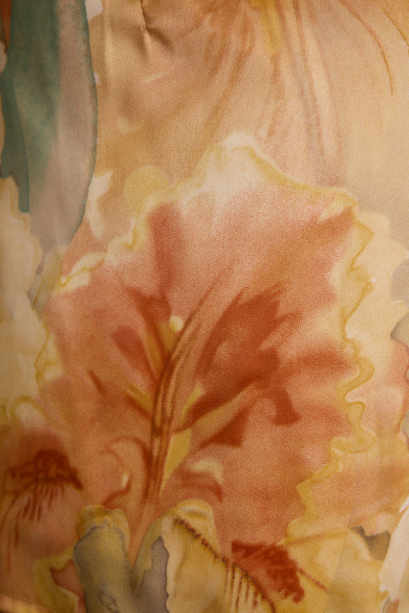Watercolor floral print in peach, yellow, and sage green on lightweight resort shorts fabric.