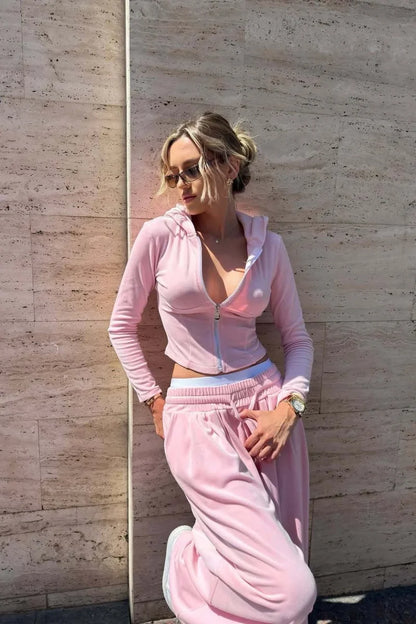 Pink Fitted Hooded Cuffed Ankle Pants Solid Two Piece Set