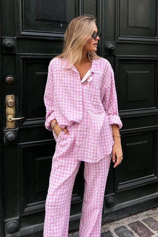 Pink Plaid Loose Casual Two Piece Set