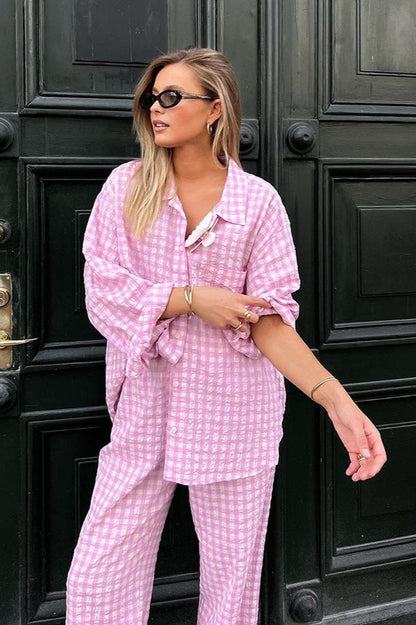 Pink Plaid Loose Casual Two Piece Set