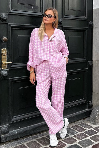 Pink Plaid Loose Casual Two Piece Set