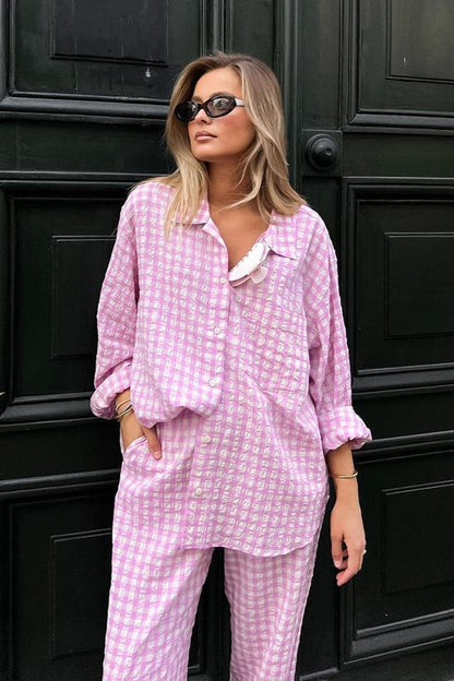 Pink Plaid Loose Casual Two Piece Set