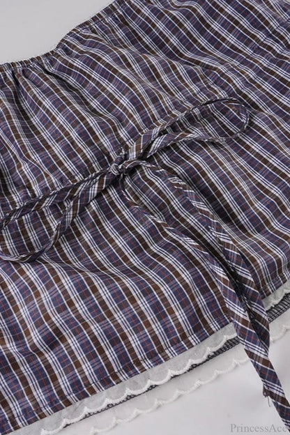 Plaid Lace Cropped Elastic Tie Waist Two Piece Set