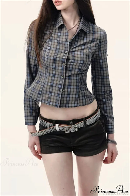 Plaid Long-Sleeve Back Bow-Tie Waist-Slim Blouse Green / S